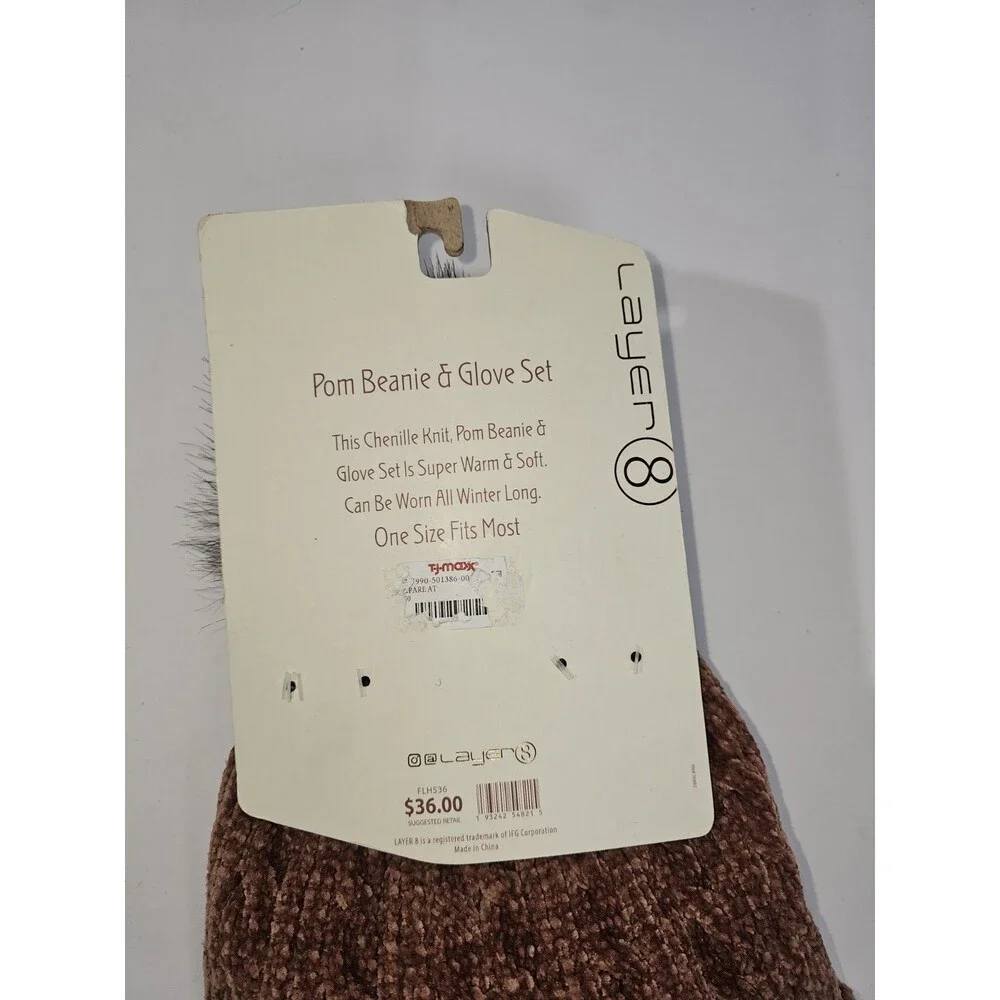 Layer 8 Chenille Knit Pom Beanie Hat and Glove Set Rust New!